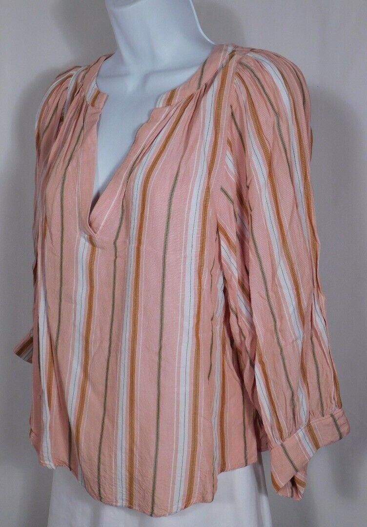 MAEVE BY ANTHROPOLOGIE Women's Peach Green White Striped V-Neck Blouse Sz M