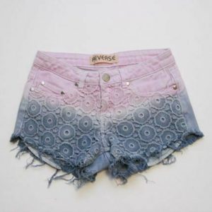 REVERSE Juniors Denim and Lace Two-Tone Coloured Wash Shorts Light Purple Sz M