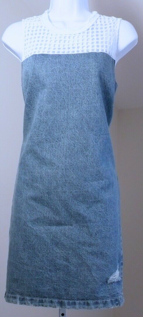SEA BARNEYS NEW YORK Denim W White Lace Shoulder Fringe Neck Trim Sheath Dress 6 - Image 3