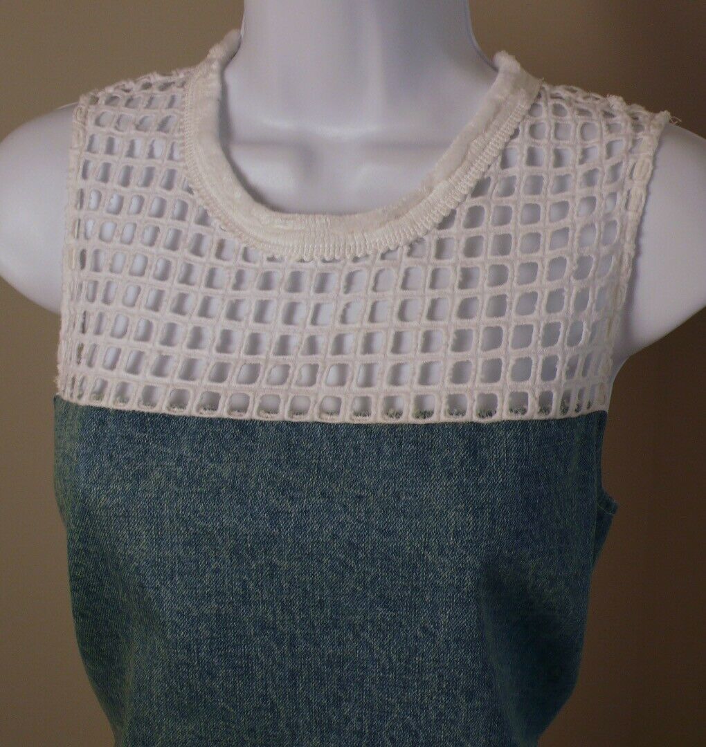 SEA BARNEYS NEW YORK Denim W White Lace Shoulder Fringe Neck Trim Sheath Dress 6 - Image 4