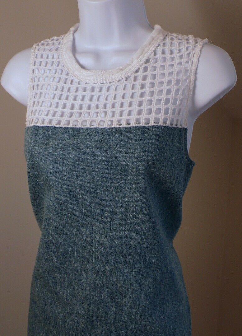 SEA BARNEYS NEW YORK Denim W White Lace Shoulder Fringe Neck Trim Sheath Dress 6 - Image 5