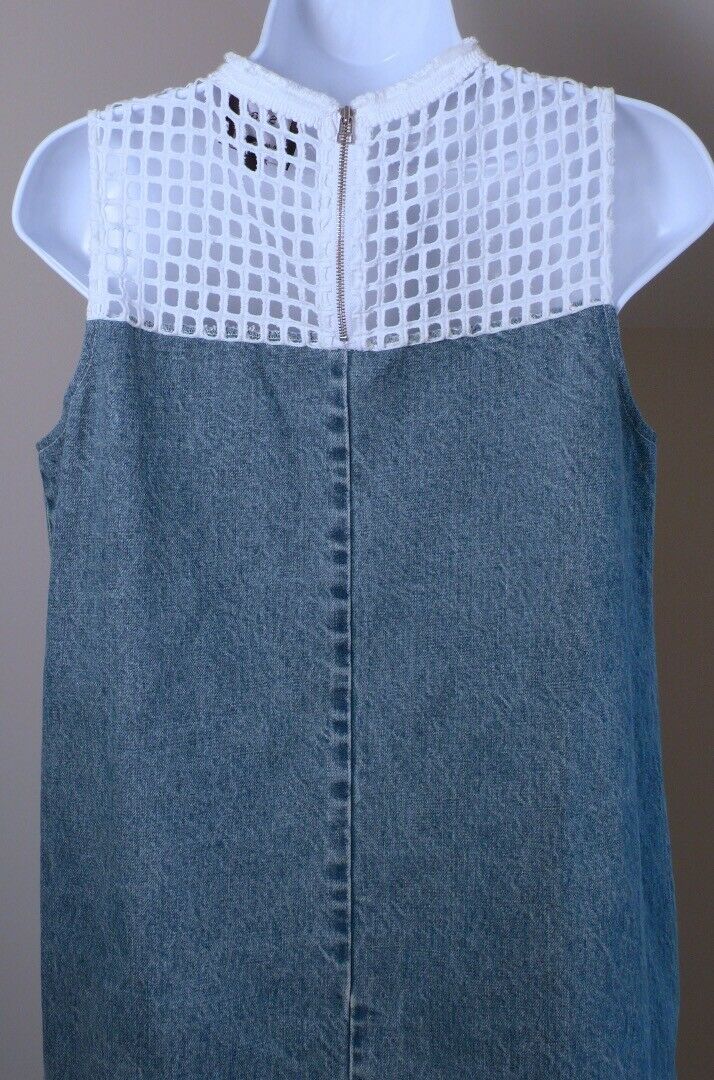 SEA BARNEYS NEW YORK Denim W White Lace Shoulder Fringe Neck Trim Sheath Dress 6 - Image 8