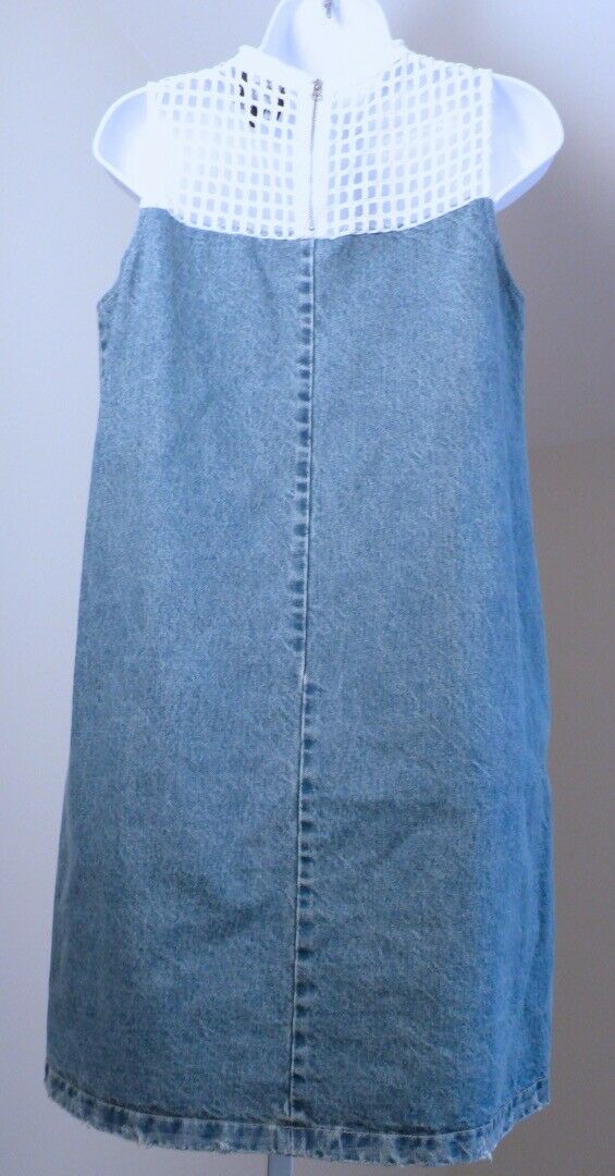 SEA BARNEYS NEW YORK Denim W White Lace Shoulder Fringe Neck Trim Sheath Dress 6 - Image 9