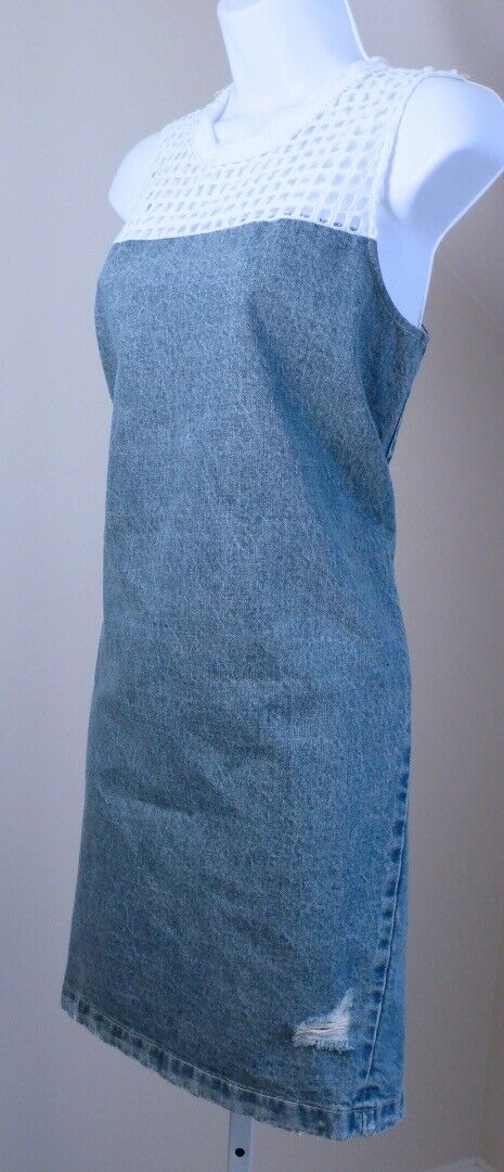 SEA BARNEYS NEW YORK Denim W White Lace Shoulder Fringe Neck Trim Sheath Dress 6