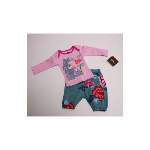 TEA NWT "Eastern Pop Baby Outfit" LS Pink T Shirt & Floral Teal Pant Sz 0-3mo