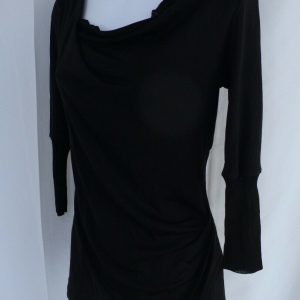 THEORY Women's Black Long Sleeve Scoop Neck Gathered Waist Tunic Blouse Sz M