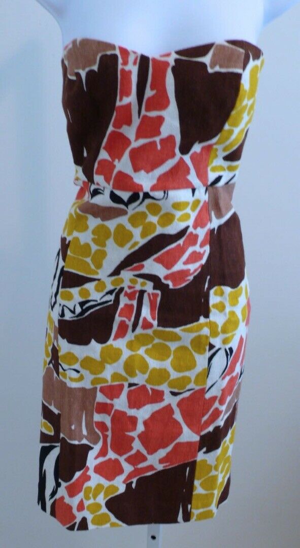 TIBI Ivory Brown Orange Gold Linen Print Strapless Dress Sz 6 - Image 4