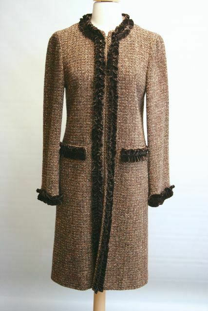 TORY BURCH Brown Wool Bouclette Tweed Car Coat w Velvet Cabbage Ruffle Trim SZ 4 - Image 3