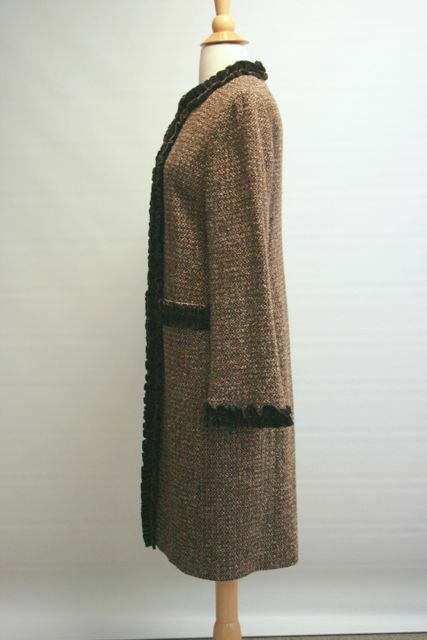 TORY BURCH Brown Wool Bouclette Tweed Car Coat w Velvet Cabbage Ruffle Trim SZ 4 - Image 5