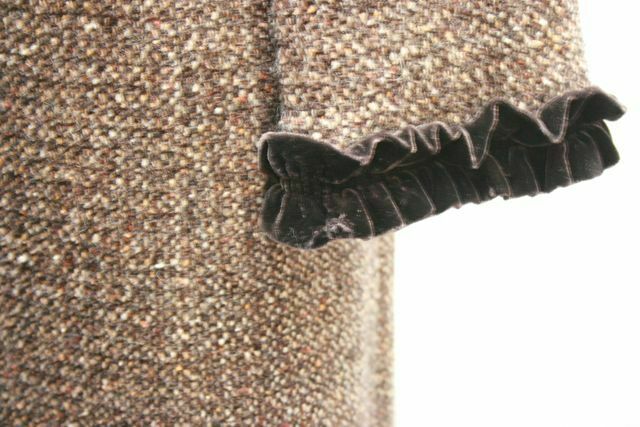 TORY BURCH Brown Wool Bouclette Tweed Car Coat w Velvet Cabbage Ruffle Trim SZ 4 - Image 6