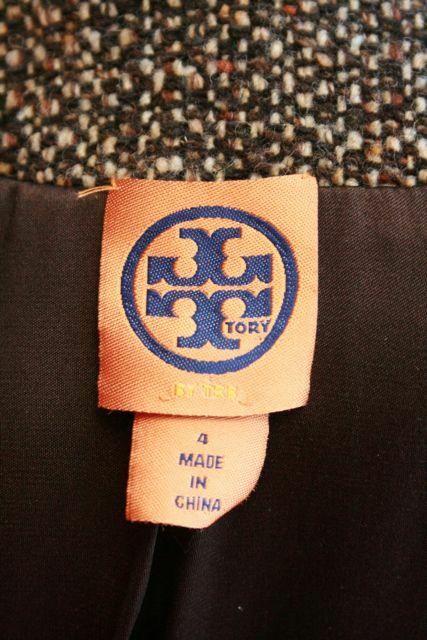 TORY BURCH Brown Wool Bouclette Tweed Car Coat w Velvet Cabbage Ruffle Trim SZ 4 - Image 8