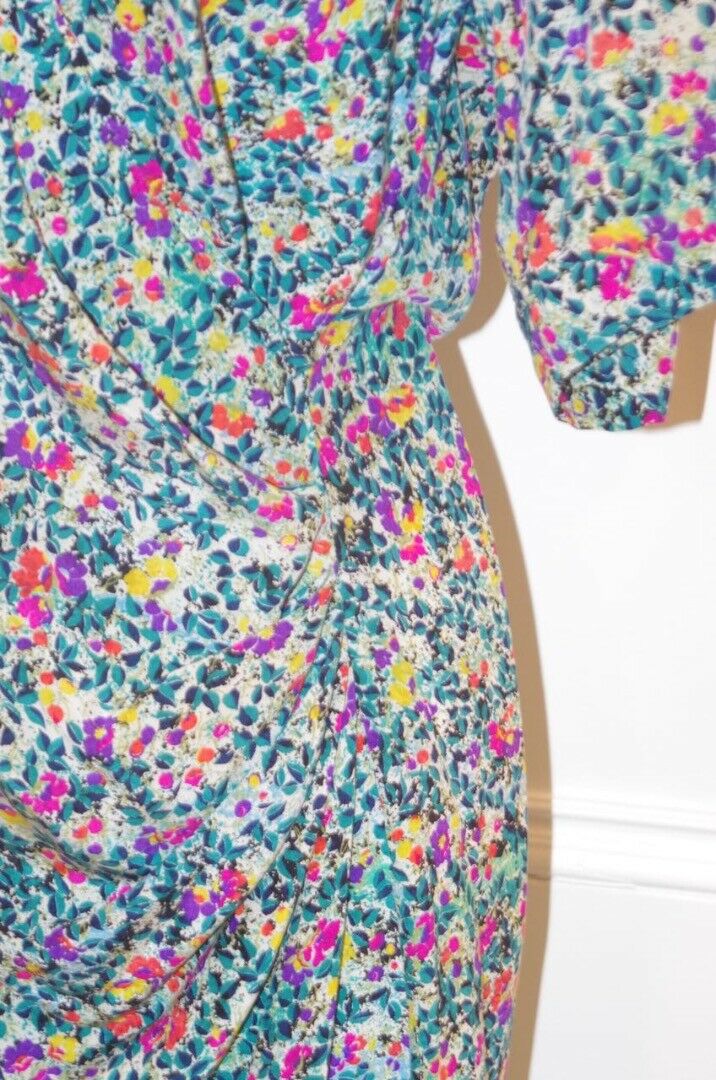 VINTAGE PIANOFORTE DI MAXMARA Green Floral V-Neck Short Sleeve Dress Sz 6/42 - Image 4