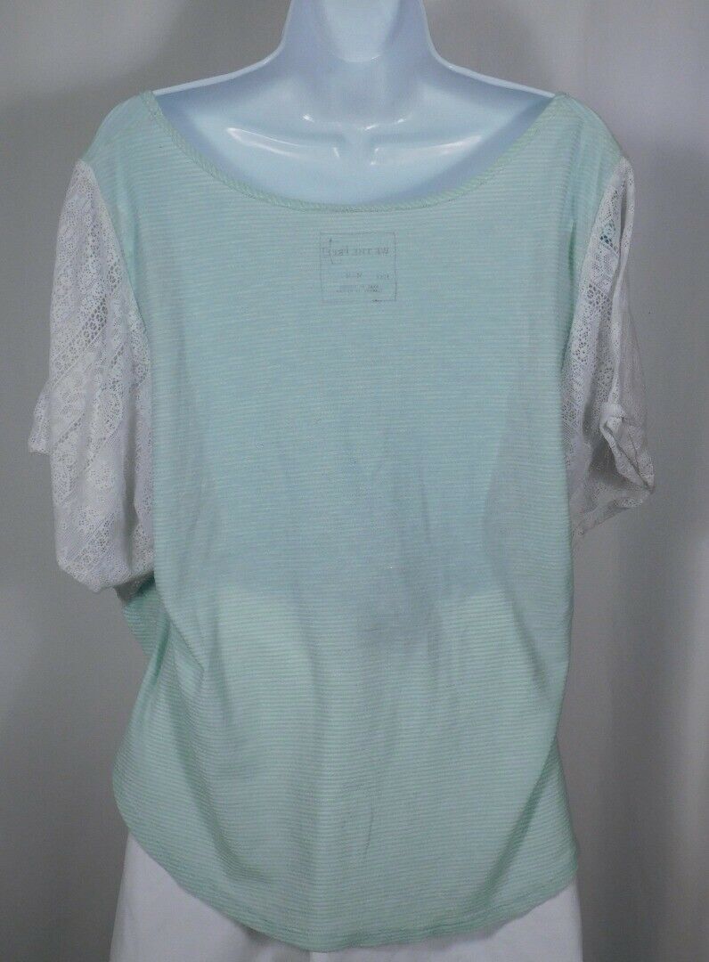 FREE PEOPLE WE THE FREE Green Striped Lace Contrast Short Sleeve Top Tunic Sz M - Image 6