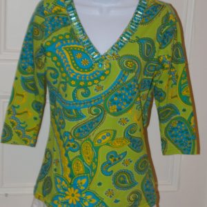 JOYOUS & FREE Turquoise, Green & Yellow Paisley Women's V-Neck Tunic Blouse Sz M