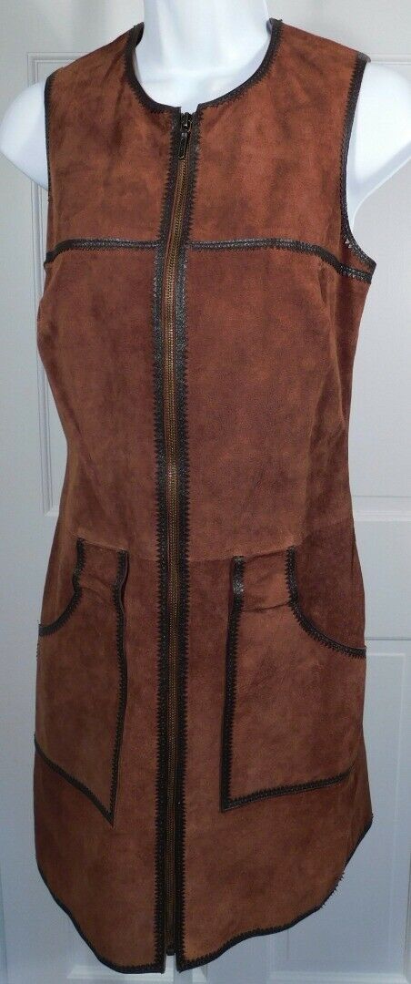 NICOLE MILLER ARTELIER Women's Brown Suede Leather Trim Sleeveless Dress Sz S - Image 3
