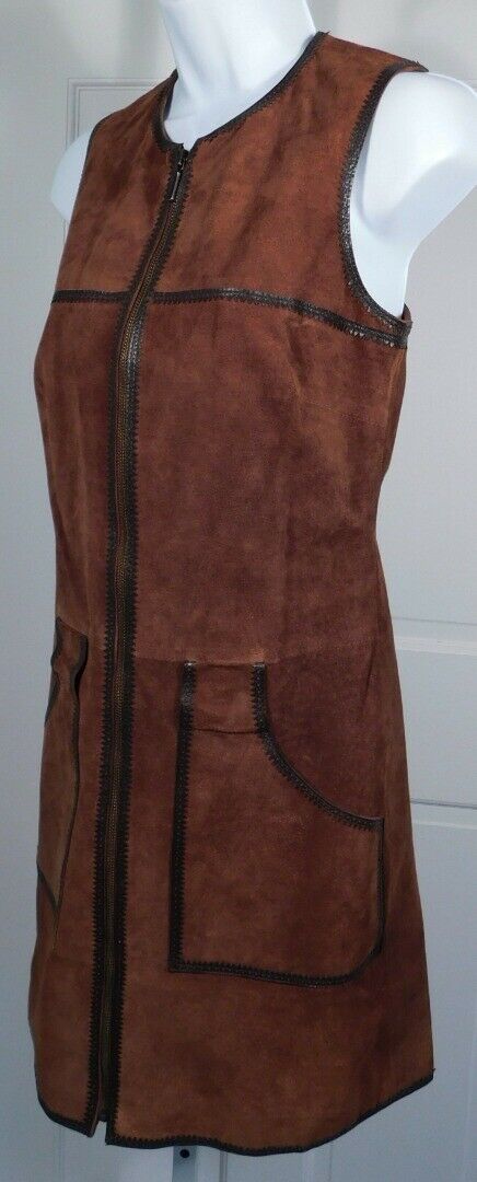 NICOLE MILLER ARTELIER Women's Brown Suede Leather Trim Sleeveless Dress Sz S