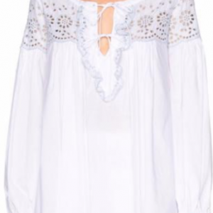 SEE BY CHLOE Women's White Eyelet Tie Front Long Sleeve Cotton Blouse Sz 6 $375