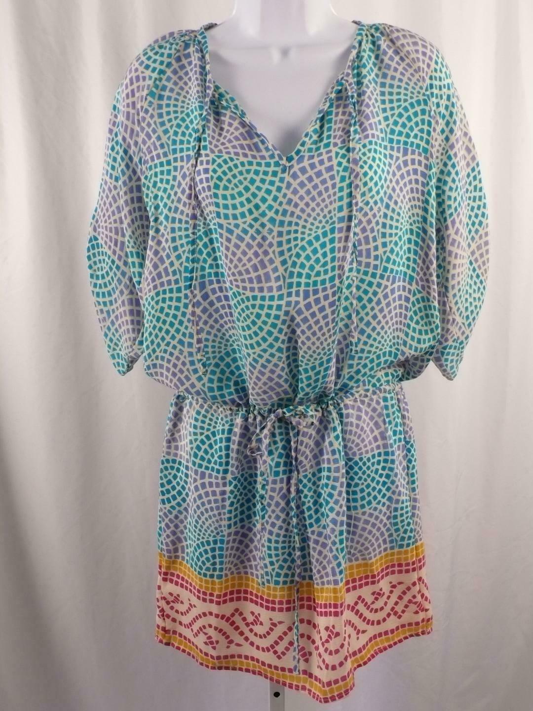 TOLANI Teal Lavender Beige Pink Mosaic Print Short Sleeve Silk Dress Sz XS - Image 3