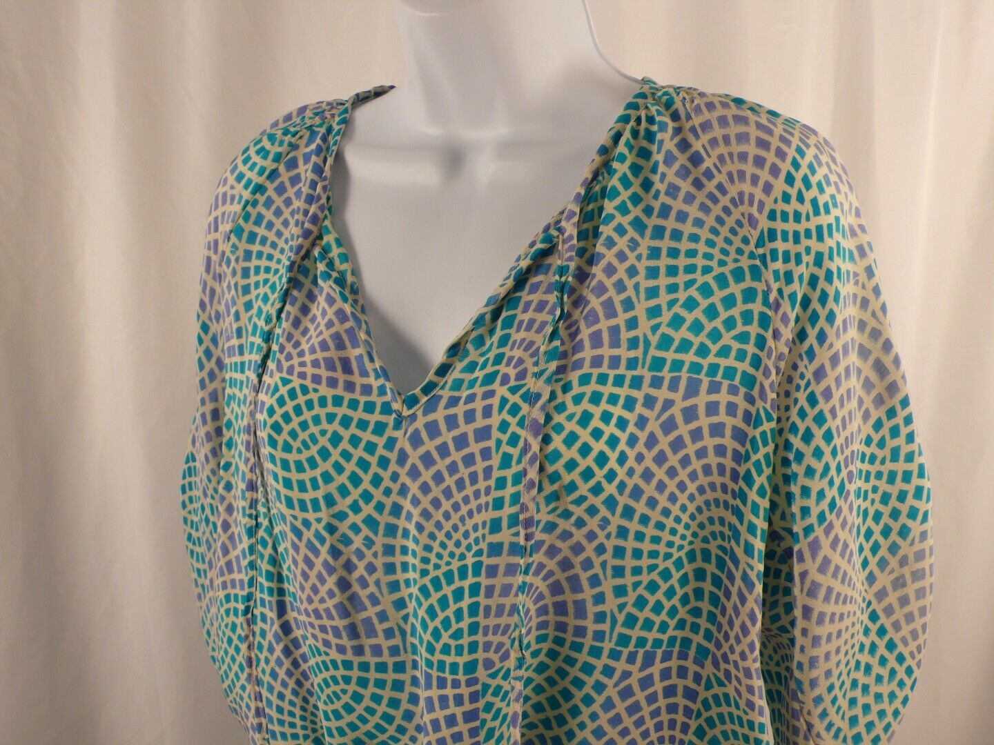 TOLANI Teal Lavender Beige Pink Mosaic Print Short Sleeve Silk Dress Sz XS - Image 4