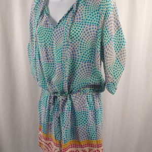 TOLANI Teal Lavender Beige Pink Mosaic Print Short Sleeve Silk Dress Sz XS