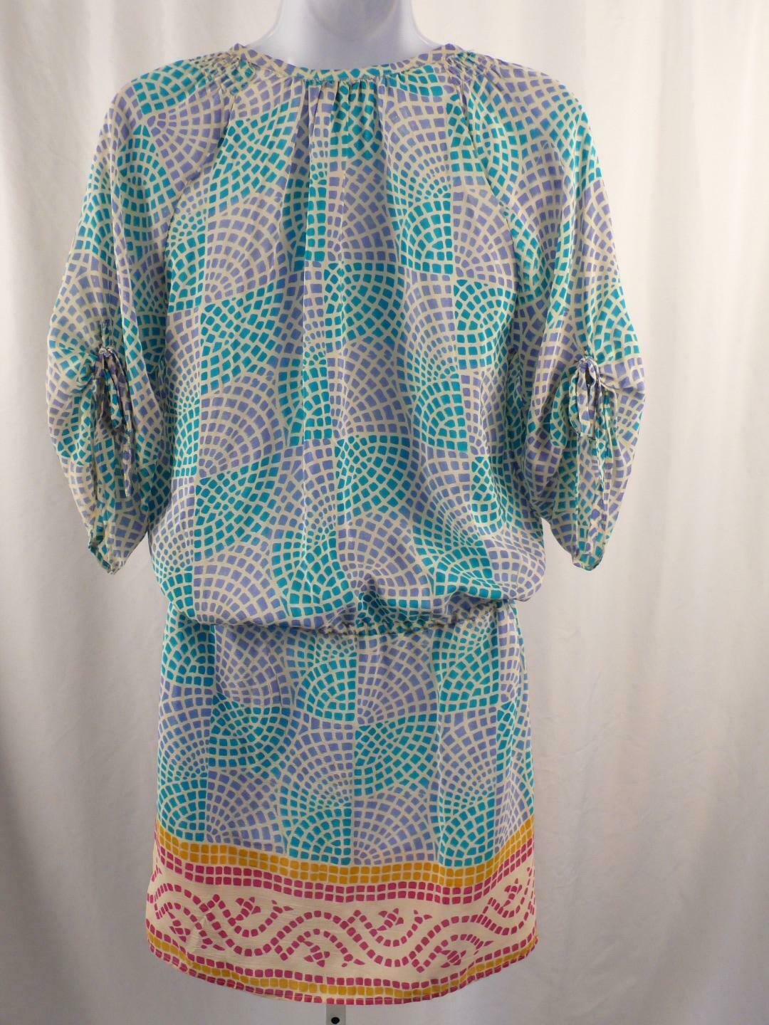 TOLANI Teal Lavender Beige Pink Mosaic Print Short Sleeve Silk Dress Sz XS - Image 7
