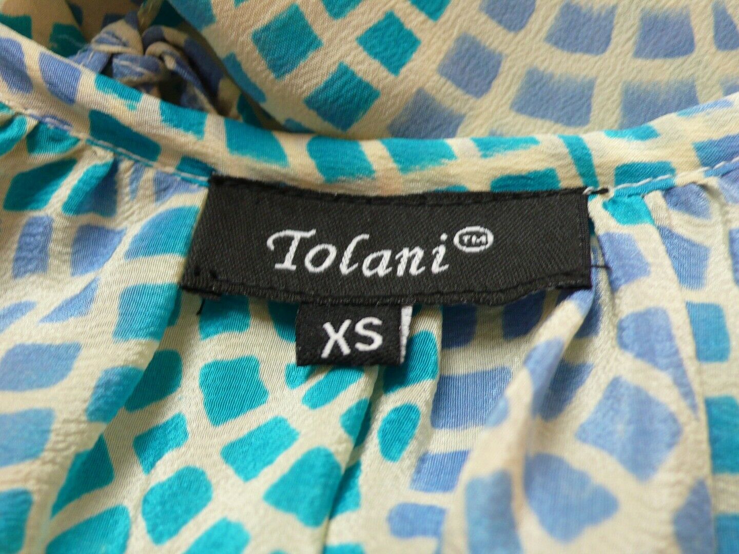 TOLANI Teal Lavender Beige Pink Mosaic Print Short Sleeve Silk Dress Sz XS - Image 8
