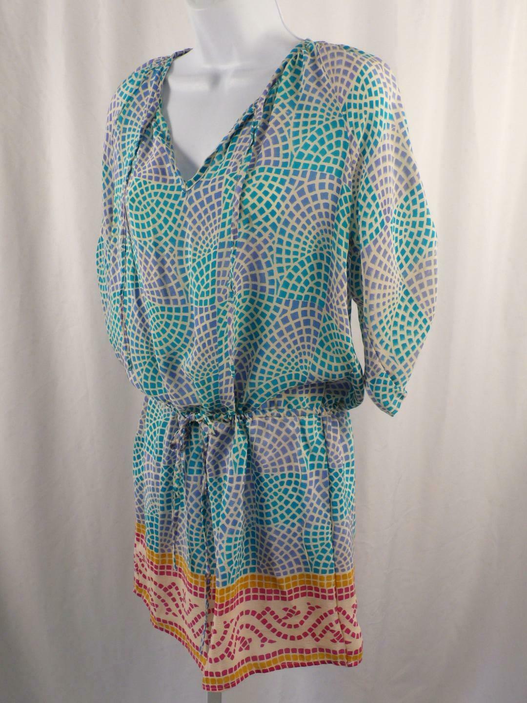 TOLANI Teal Lavender Beige Pink Mosaic Print Short Sleeve Silk Dress Sz XS