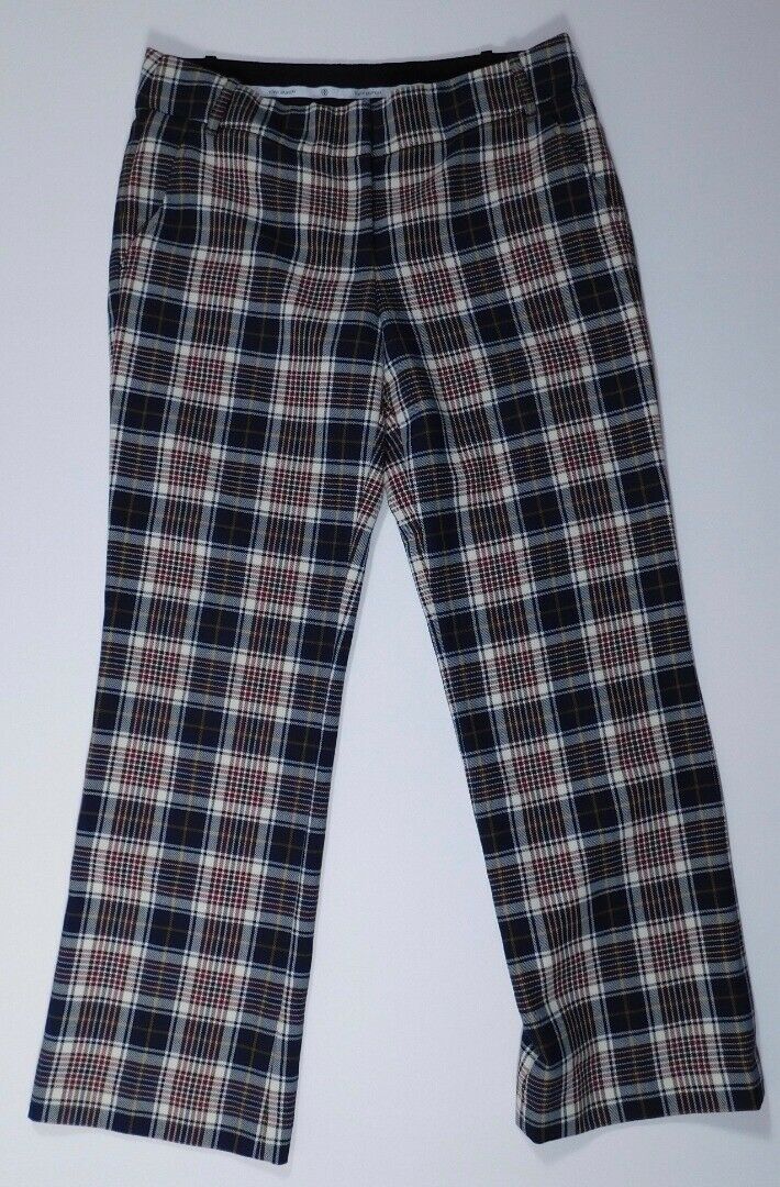 TORY BURCH Women's Burgundy Navy White Plaid Flat Front Pant Sz 4 - Image 3