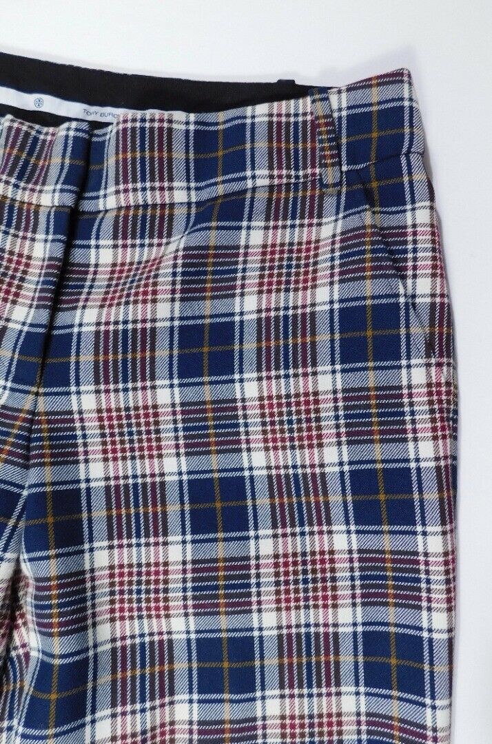 TORY BURCH Women's Burgundy Navy White Plaid Flat Front Pant Sz 4 - Image 4