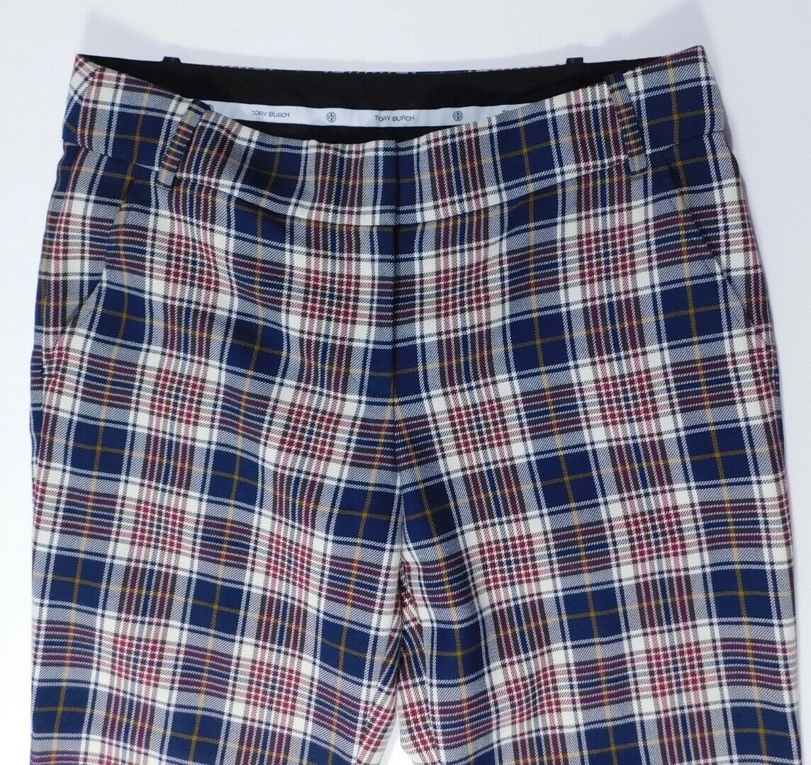 TORY BURCH Women's Burgundy Navy White Plaid Flat Front Pant Sz 4 - Image 5