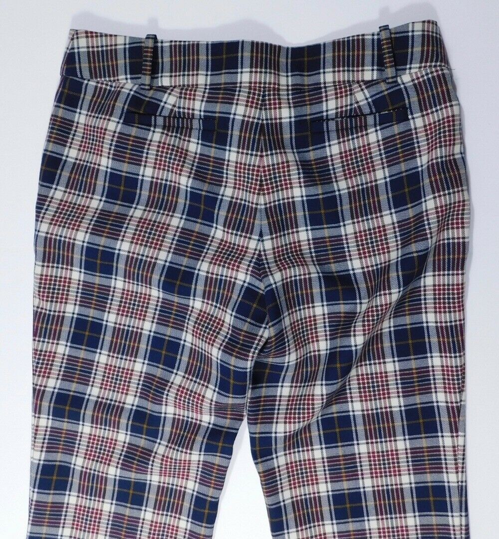 TORY BURCH Women's Burgundy Navy White Plaid Flat Front Pant Sz 4 - Image 7