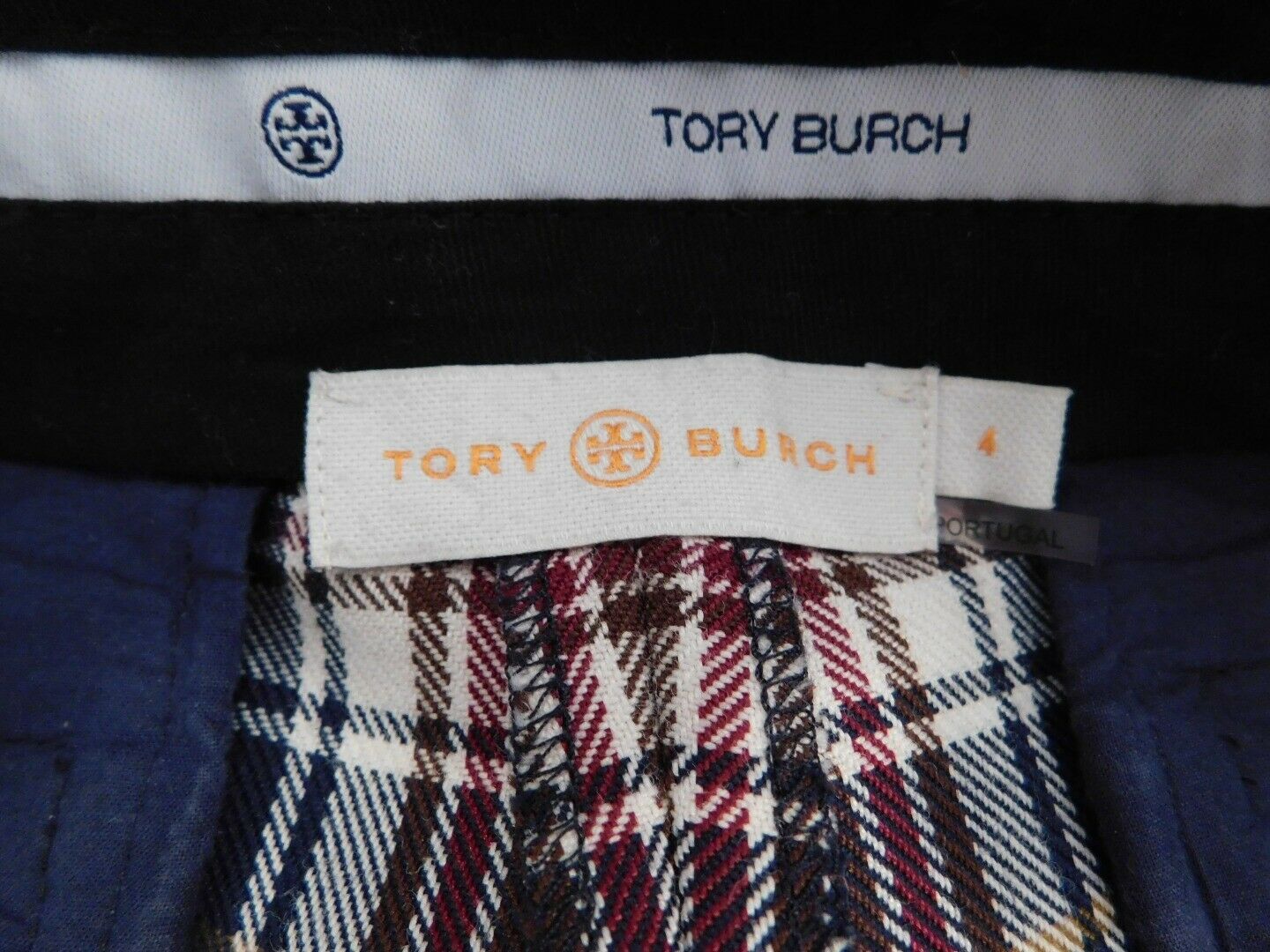 TORY BURCH Women's Burgundy Navy White Plaid Flat Front Pant Sz 4 - Image 8
