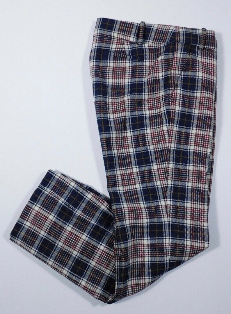 TORY BURCH Women's Burgundy Navy White Plaid Flat Front Pant Sz 4