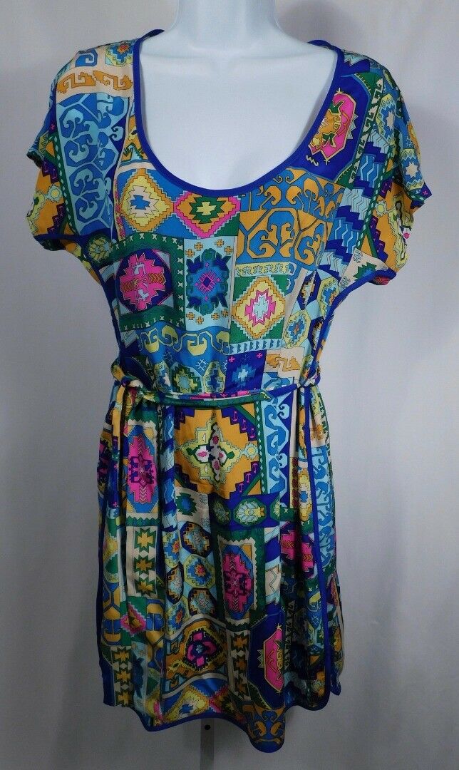 TRINA TURK Bright Multi Aztec Print Short Sleeve Self Belt Silk Dress Sz 6 - Image 3