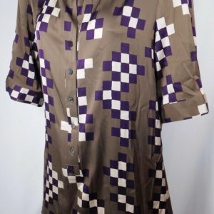 TUCKER Women's Brown Purple Beige Satin Silk Short Sleev V-Nck Tunic Blouse Sz S