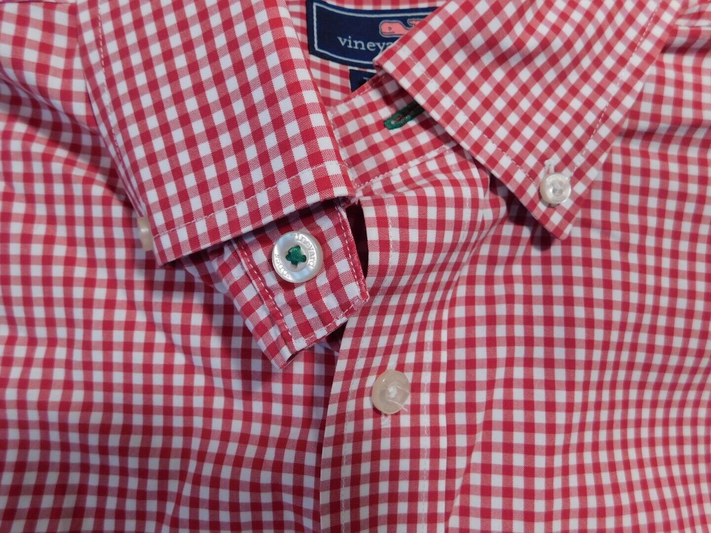 VINEYARD VINES Men's Red & White Check Button Down Classic Tucker Shirt Sz L - Image 7