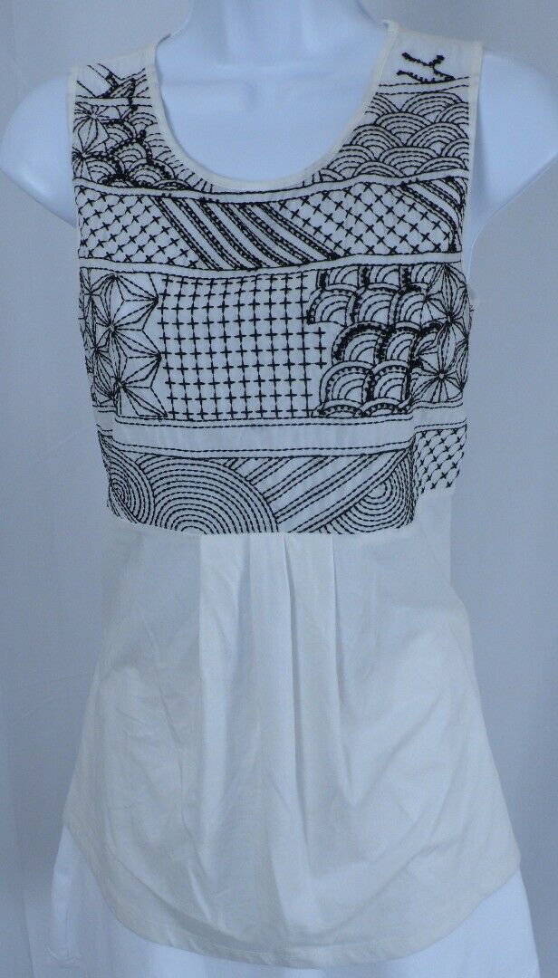 WEEKEND MAX MARA White Knit W Black Embroidery & Beading Sleeveless Blouse Sz M - Image 4