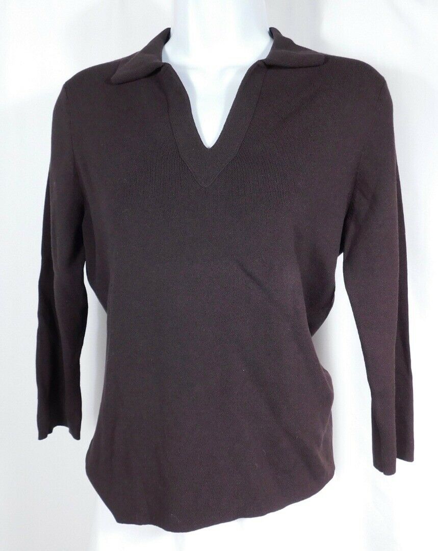 ANN TAYLOR LOFT Chocolate Brown V-Neck Collared Thin Knit Sweater Sz M - Image 3