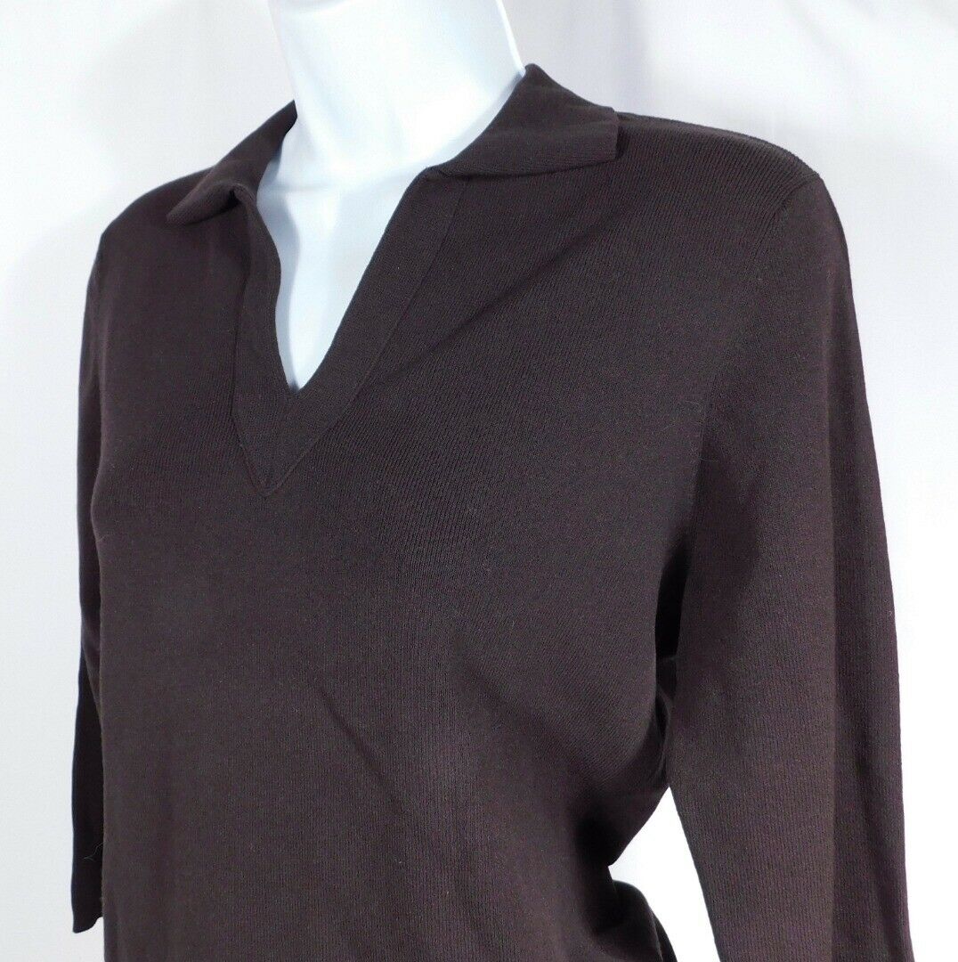 ANN TAYLOR LOFT Chocolate Brown V-Neck Collared Thin Knit Sweater Sz M - Image 4