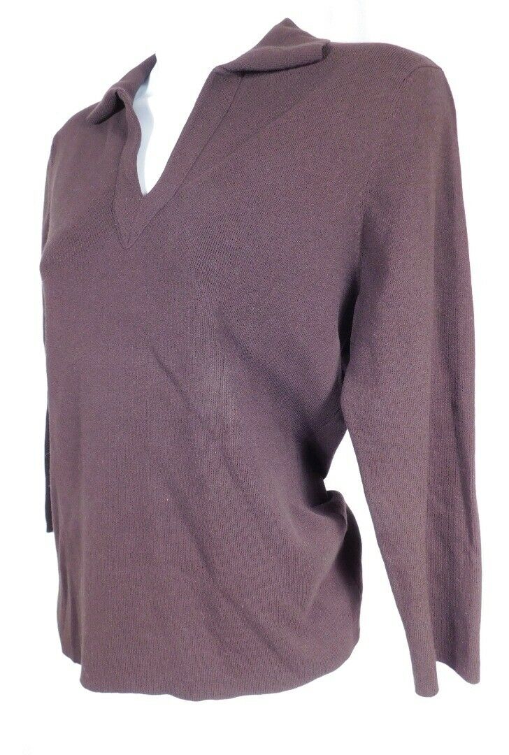 ANN TAYLOR LOFT Chocolate Brown V-Neck Collared Thin Knit Sweater Sz M