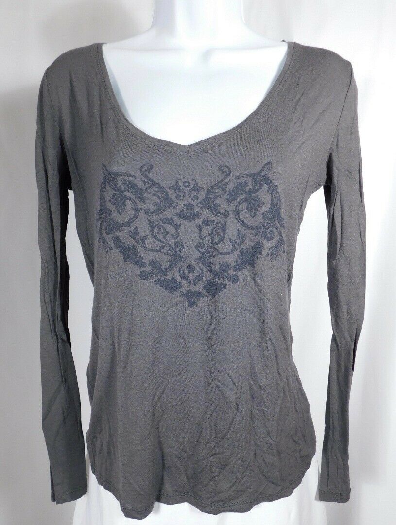 COMPTOIR DES COTONNIERS Gray Scroll Print V-Neck Long Sleeve T- Shirt Sz M - Image 3