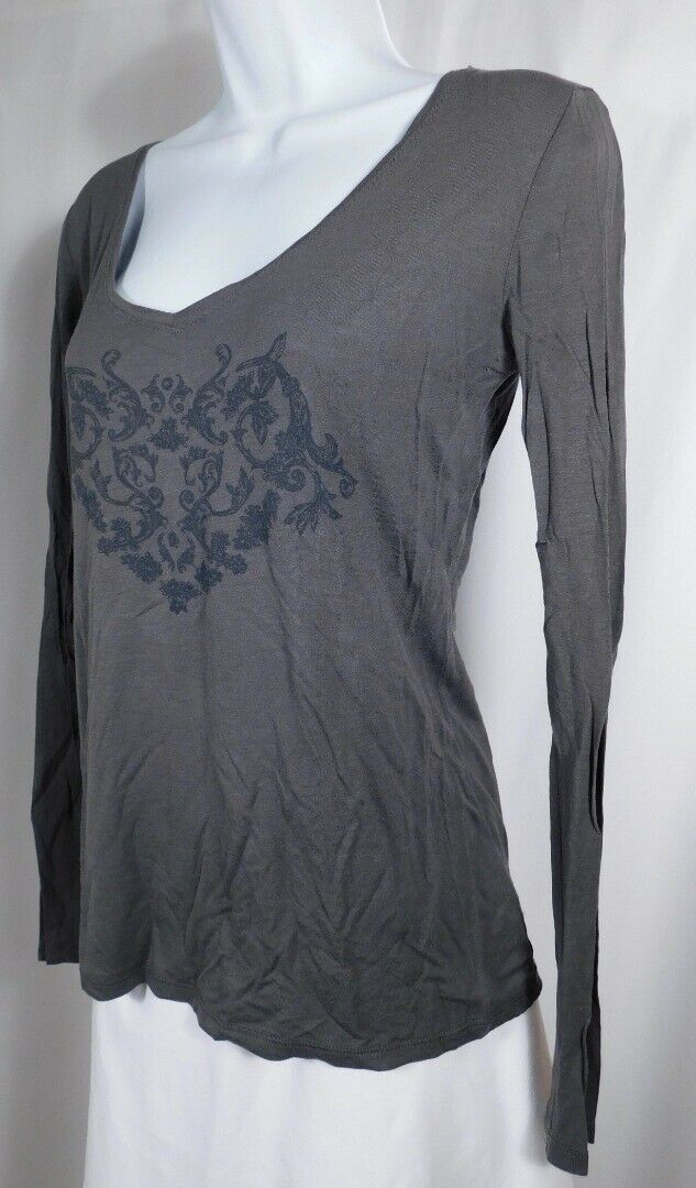 COMPTOIR DES COTONNIERS Gray Scroll Print V-Neck Long Sleeve T- Shirt Sz M