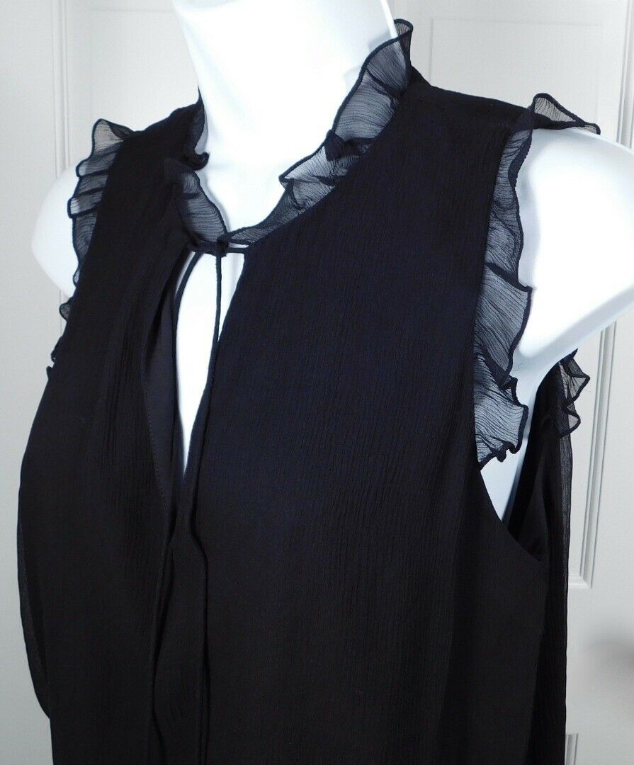 HAUTE HIPPIE Women's Black V-Neck Ruffle Trim Sleeveless Silk Blouse Sz S - Image 4