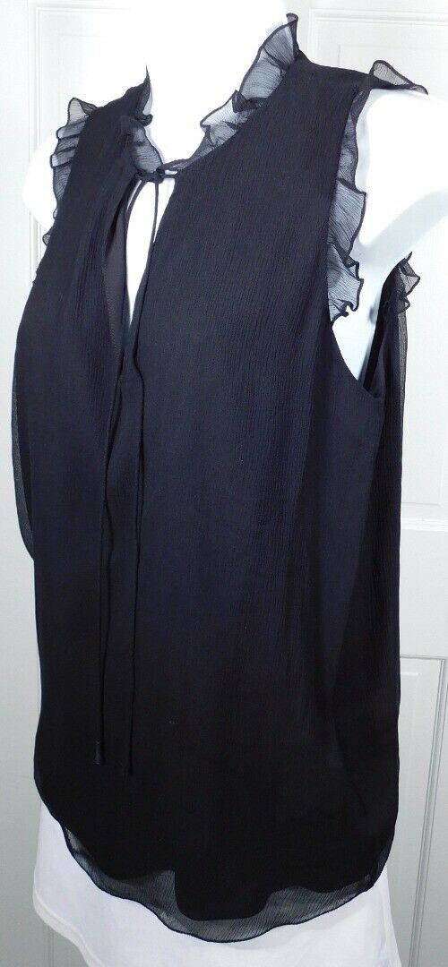 HAUTE HIPPIE Women's Black V-Neck Ruffle Trim Sleeveless Silk Blouse Sz S