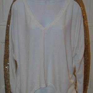 HOMMAGE FROM LOS ANGELES Women's White Gold Sequins Shoulder V-Neck Sweater Sz S