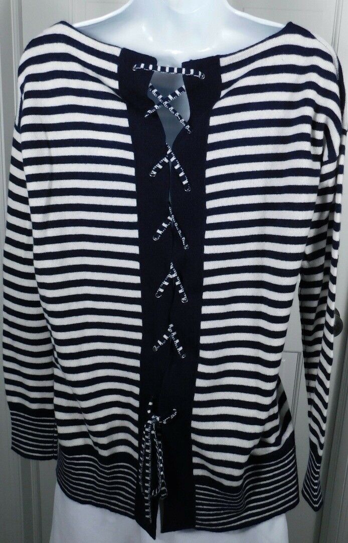 J CREW 100% CASHMERE NWT Women's Navy & Ivory Striped Lace Up Back Sweater Sz S - Image 6