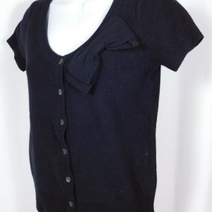 J CREW Women's Black Wool Scoop Neck Bow Trim Short Sleeve Cardigan Sweater Sz S
