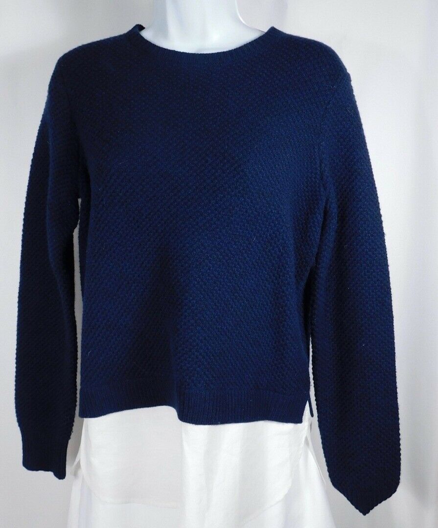 J CREW Women's Navy Blue Waffle Wool Crewneck W Cotton Shirt Tail Sweater Sz S - Image 3