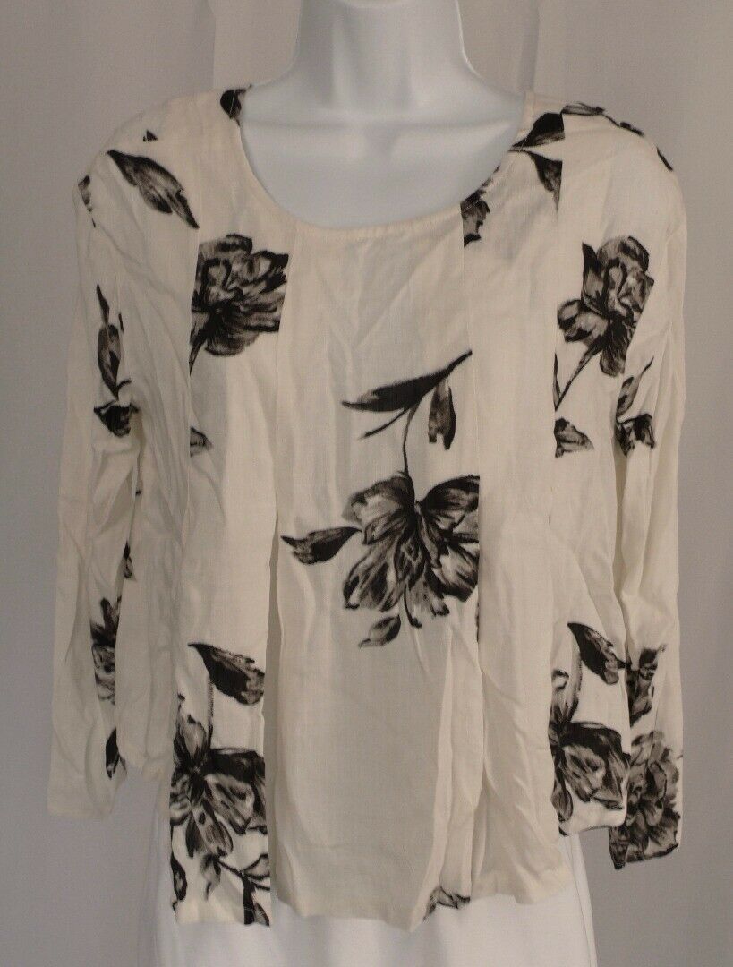 KIMCHI BY URBAN OUTFITTERS Ivory W Black Floral Print V-Back LS Blouse Sz S - Image 2