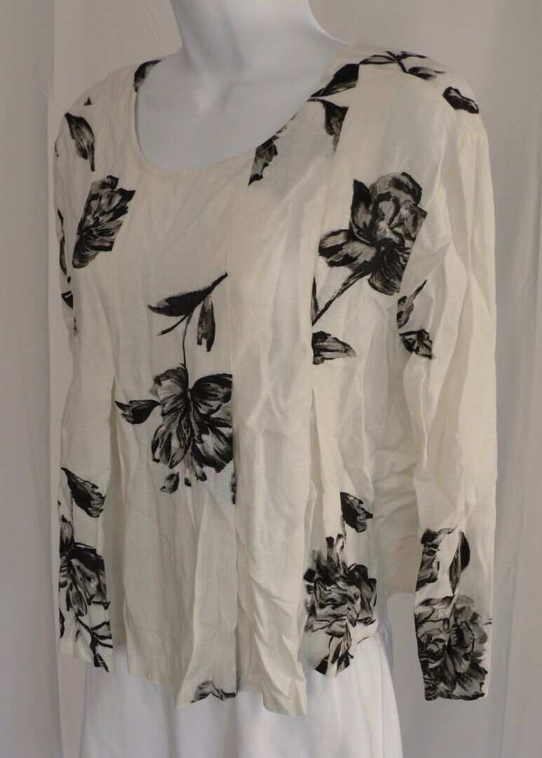 KIMCHI BY URBAN OUTFITTERS Ivory W Black Floral Print V-Back LS Blouse Sz S